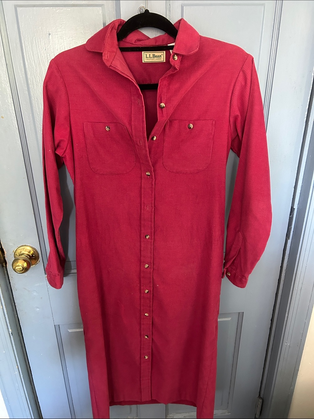 L.L. Bean Vintage corduroy Deep Pink Button-Front Midi Shirt Dress size 8